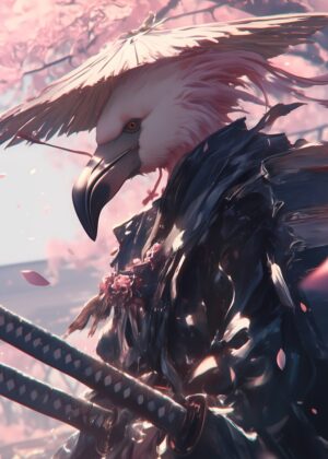 Pink Flamingo Samurai: A Digital Painting of a Fierce Warrior - Premium Wooden Framed Poster. Ready to Hang.