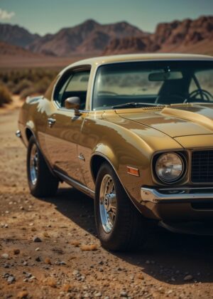 Classic Gold Camaro Desert Drive - Premium Wooden Framed Poster. Ready to Hang.
