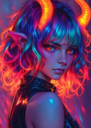 Neon Demon Girl: Cyberpunk Art Print - Premium Wooden Framed Poster. Ready to Hang.