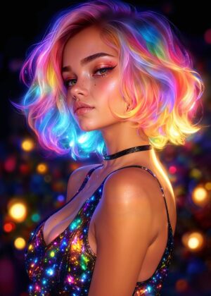 Neon Hair Woman: A Vibrant Digital Art Print - Premium Wooden Framed Poster. Ready to Hang.