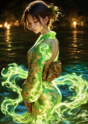 Enchanted Green Kimono Woman: A Digital Art Print - Premium Wooden Framed Poster. Ready to Hang.