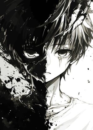 Anime Boy with Dark Side: Vector Art Print - Premium Wooden Framed Poster. Ready to Hang.