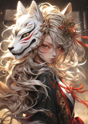 Kitsune Mask Anime Girl Art Print - Premium Wooden Framed Poster. Ready to Hang.
