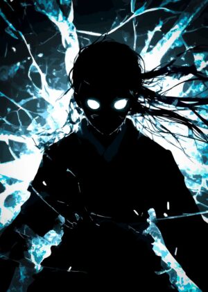 Anime Character Silhouette Vector Art: Dark & Mysterious - Premium Wooden Framed Poster. Ready to Hang.