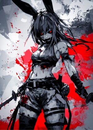 Bloodstained Bunny Girl Vector Art: A Fierce Anime Illustration - Premium Wooden Framed Poster. Ready to Hang.