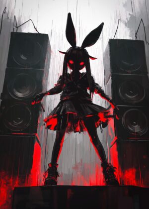 Anime Girl with Bunny Ears: Dark and Edgy Vector Art - Premium Wooden Framed Poster. Ready to Hang.