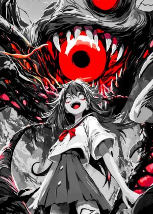 Anime Girl Facing a Monstrous Entity: Vector Art - Premium Wooden Framed Poster. Ready to Hang.
