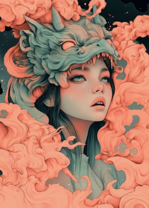 Mystical Dragon Mask Woman: Fantasy Art Print - Premium Wooden Framed Poster. Ready to Hang.