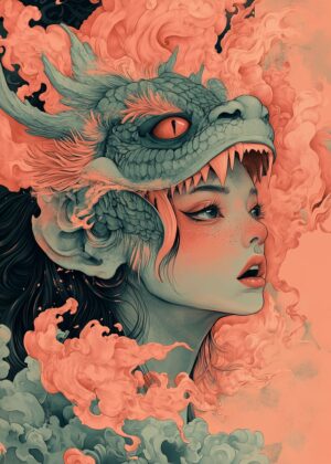 Fantasy Dragon Mask Woman Art Print - Premium Wooden Framed Poster. Ready to Hang.