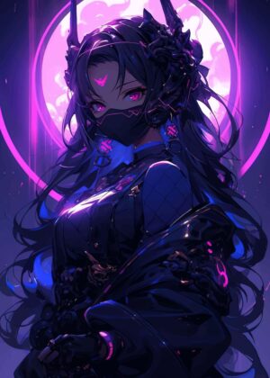 Cyberpunk Anime Girl: Dark Fantasy Art Print - Premium Wooden Framed Poster. Ready to Hang.