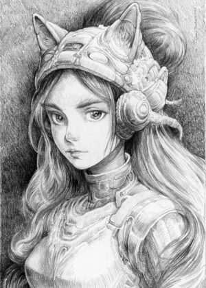 Cybernetic Alice: A Futuristic Fairytale in Graphite - Premium Wooden Framed Poster. Ready to Hang.