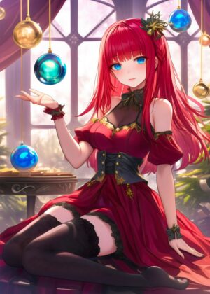 Christmas Anime Girl: Festive Red Dress and Bright Eyes - Premium Wooden Framed Poster. Ready to Hang.