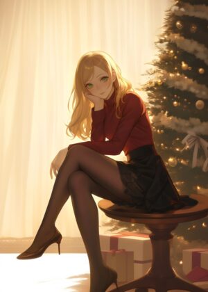 Anime Girl Christmas Illustration: Festive Cheer and Elegance - Premium Wooden Framed Poster. Ready to Hang.