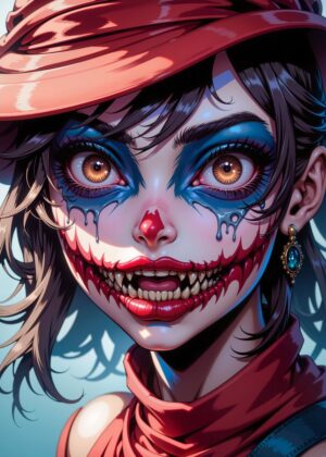 Creepy Clown Girl Portrait: Digital Art Print - Premium Wooden Framed Poster. Ready to Hang.
