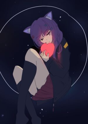 Anime Girl Holding a Heart in Space - Premium Wooden Framed Poster. Ready to Hang.