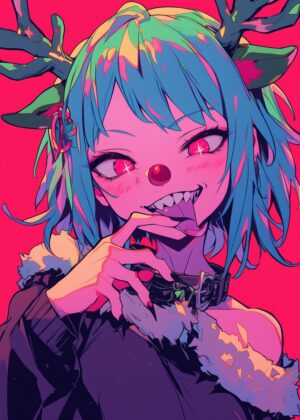 Vibrant Anime Girl with Reindeer Antlers - Premium Wooden Framed Poster. Ready to Hang.