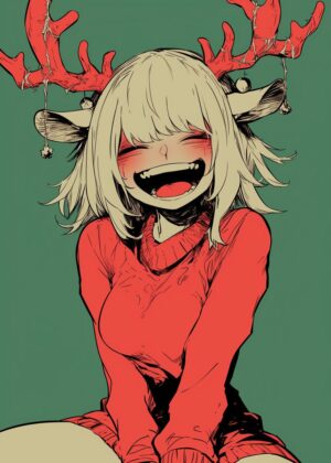 Smiling Anime Girl with Deer Antlers Art Print - Premium Wooden Framed Poster. Ready to Hang.
