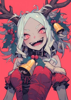 Festive Demon Girl Art Print - Premium Wooden Framed Poster. Ready to Hang.
