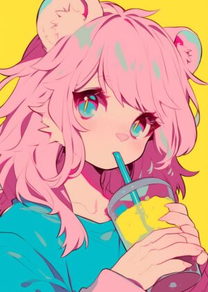 Vibrant Anime Girl Enjoying a Refreshing Drink - Premium Wooden Framed Poster. Ready to Hang.