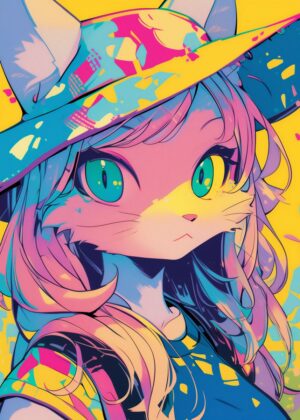 Vibrant Cat Girl in a Stylish Hat - Premium Wooden Framed Poster. Ready to Hang.