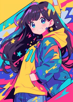 Vibrant Anime Girl in Neon Style - Premium Wooden Framed Poster. Ready to Hang.