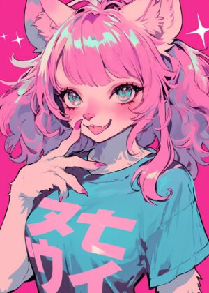 Pink-Haired Anime Furry Girl Art Print - Premium Wooden Framed Poster. Ready to Hang.