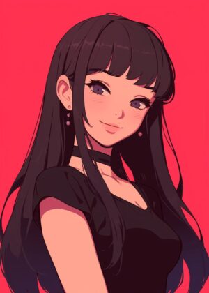 Anime Girl Portrait: Dark Hair, Red Background - Premium Wooden Framed Poster. Ready to Hang.