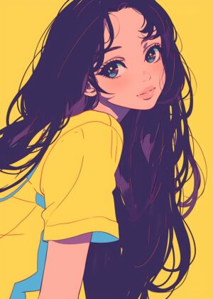Anime Girl with Long Flowing Hair - Premium Wooden Framed Poster. Ready to Hang.