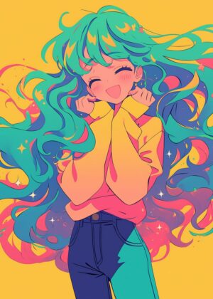 Smiling Anime Girl: Vibrant Digital Art Print - Premium Wooden Framed Poster. Ready to Hang.