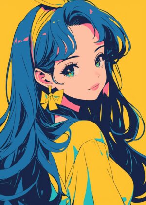 Anime Girl with Blue Hair: Vibrant Style - Premium Wooden Framed Poster. Ready to Hang.