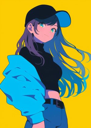 Stylish Anime Girl with Blue Jacket and Flowing Hair - Premium Wooden Framed Poster. Ready to Hang.