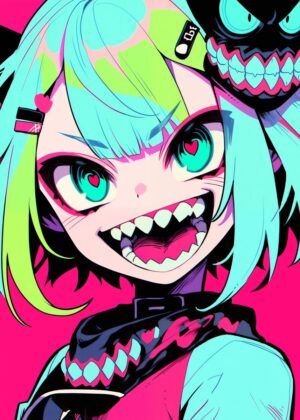 Vibrant Anime Girl with Sharp Teeth Art Print - Premium Wooden Framed Poster. Ready to Hang.