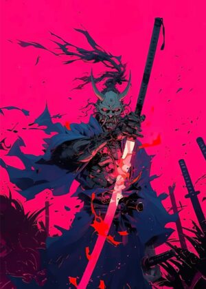 Neon Samurai: Demon Mask Art Print - Premium Wooden Framed Poster. Ready to Hang.