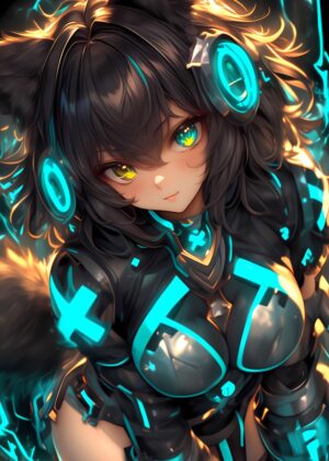 Cyberpunk Anime Girl Digital Art Print - Premium Wooden Framed Poster. Ready to Hang.