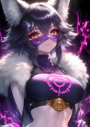 Anime Wolf Girl Art Print: Mystical Purple - Premium Wooden Framed Poster. Ready to Hang.