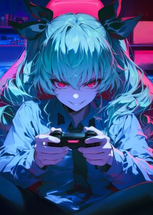 Fierce Gamer Girl Anime Art Print - Premium Wooden Framed Poster. Ready to Hang.