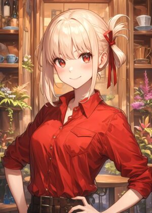 Anime Girl in Red Shirt: A Charming Illustration - Premium Wooden Framed Poster. Ready to Hang.