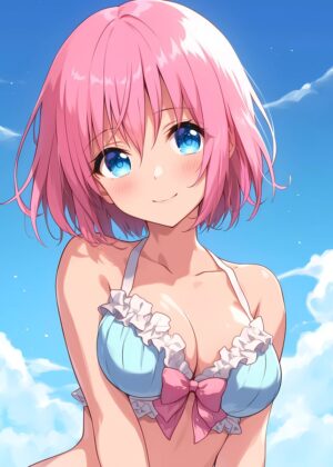 Adorable Anime Girl Summer Beach Scene Art Print - Premium Wooden Framed Poster. Ready to Hang.