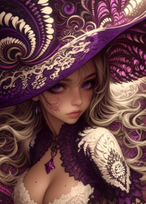 Purple-Eyed Witch Anime Girl Art Print - Premium Wooden Framed Poster. Ready to Hang.