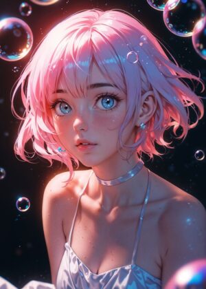 Dreamy Anime Girl with Pink Hair Art Print - Premium Wooden Framed Poster. Ready to Hang.