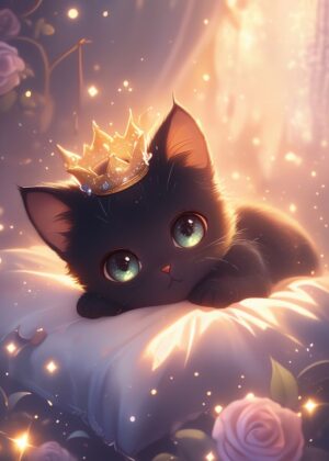 Adorable Black Kitten Wearing a Crown - Premium Wooden Framed Poster. Ready to Hang.