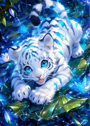 Mystical White Tiger Cub Artwork - Premium Wooden Framed Poster. Ready to Hang.
