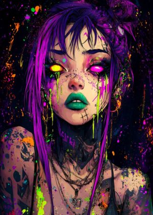 Neon Grunge Girl: Vibrant Digital Art Print - Premium Wooden Framed Poster. Ready to Hang.