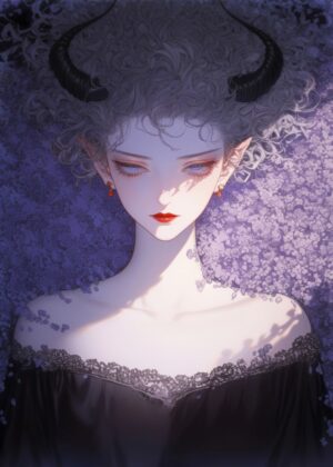 Demon Girl Amidst Purple Blossoms: A Fantasy Art Print - Premium Wooden Framed Poster. Ready to Hang.