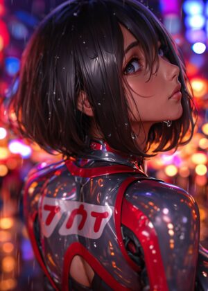Cyberpunk Anime Girl in Rain - Premium Wooden Framed Poster. Ready to Hang.