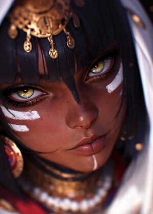 Close-Up Portrait of a Woman with Intricate Tribal Adornments - Premium Wooden Framed Poster. Ready to Hang.