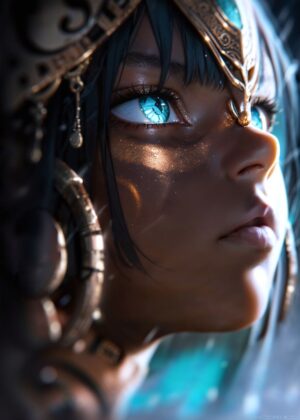 Anime Girl with Mystical Blue Eyes: Digital Art Print - Premium Wooden Framed Poster. Ready to Hang.