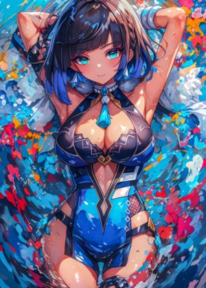 Anime Girl in Blue Swimsuit: Vibrant Summer Artwork - Premium Wooden Framed Poster. Ready to Hang.