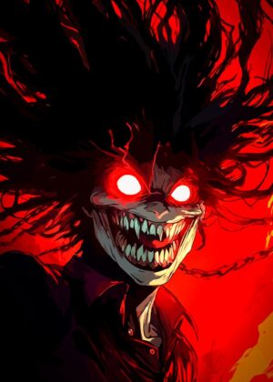 Fiery Demon with Glowing Red Eyes - Vector Art - Premium Wooden Framed Poster. Ready to Hang.