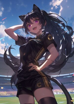 Cat-Eared Anime Girl in Soccer Uniform: High-Quality Art Print - Premium Wooden Framed Poster. Ready to Hang.